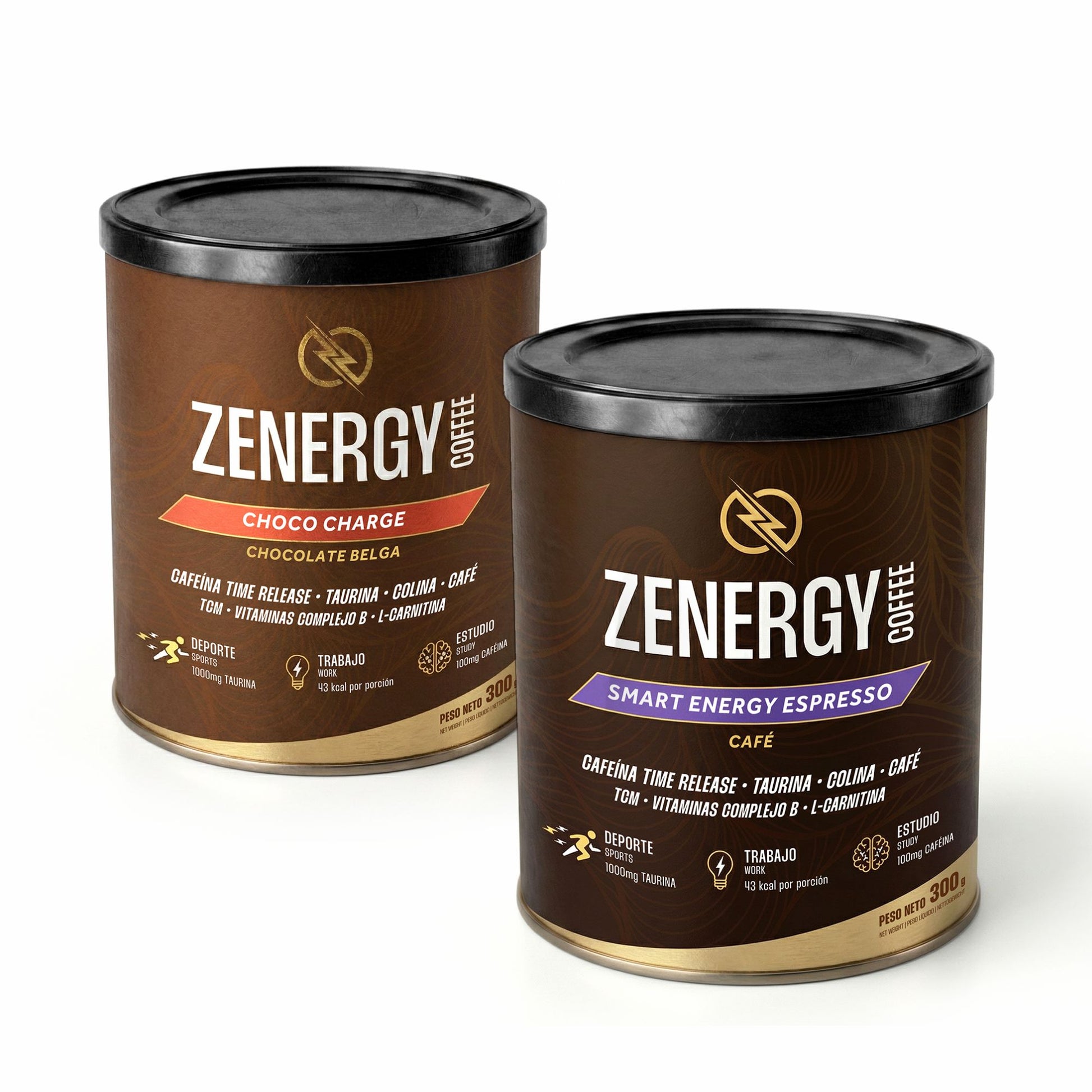 Pack Duo Zenergy con Chocolate Belga y Espresso Intenso sobre fondo blanco