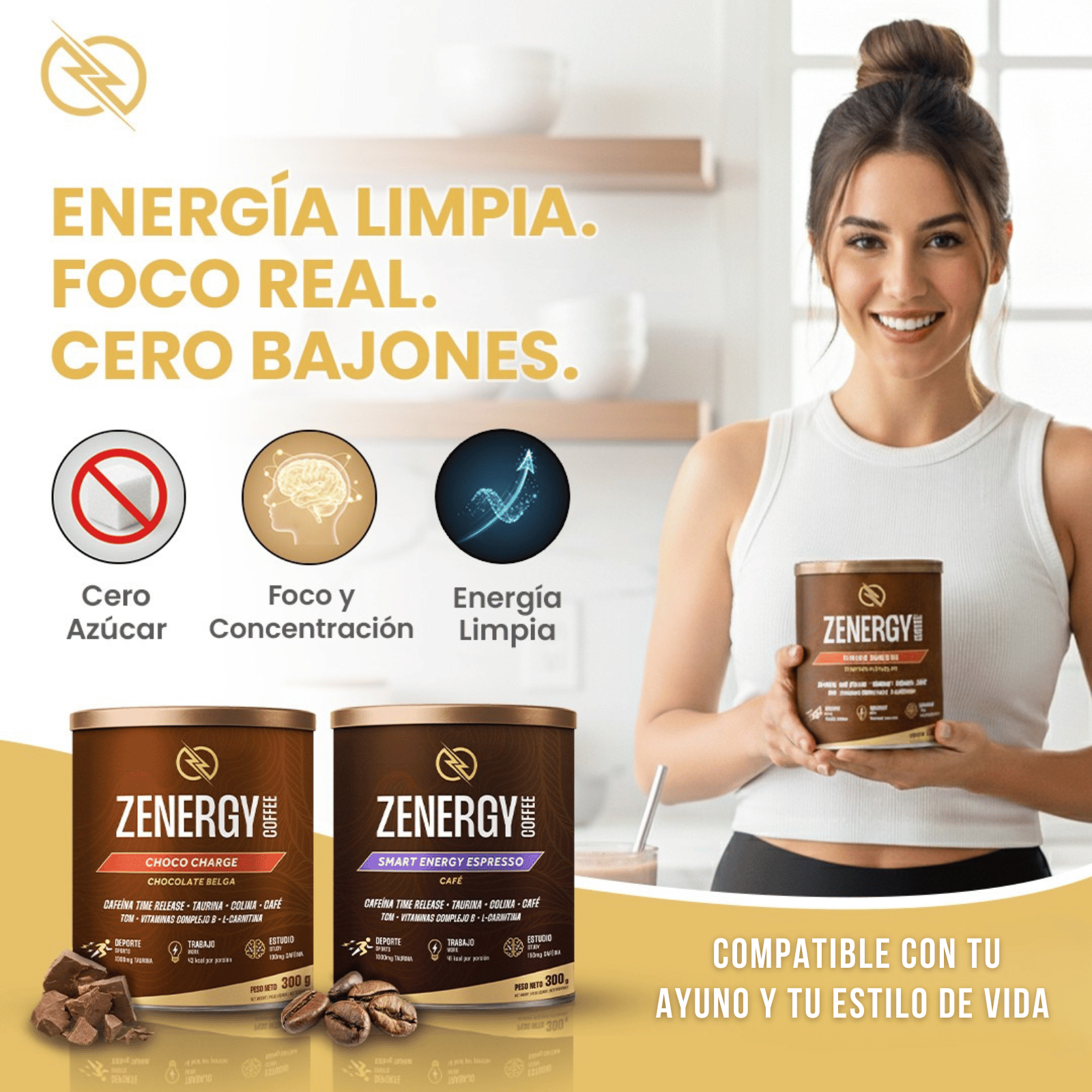 Pack Duo Zenergy con Chocolate Belga y Espresso Intenso junto a mujer sosteniendo un bote, imagen promocional sobre energía limpia, foco real y cero bajones