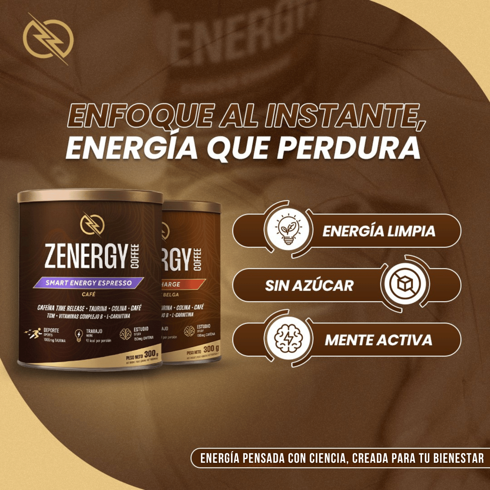 Pack de Zenergy Coffee con Smart Energy Espresso y Choco Charge, imagen promocional sobre enfoque al instante, energía limpia, sin azúcar y mente activa