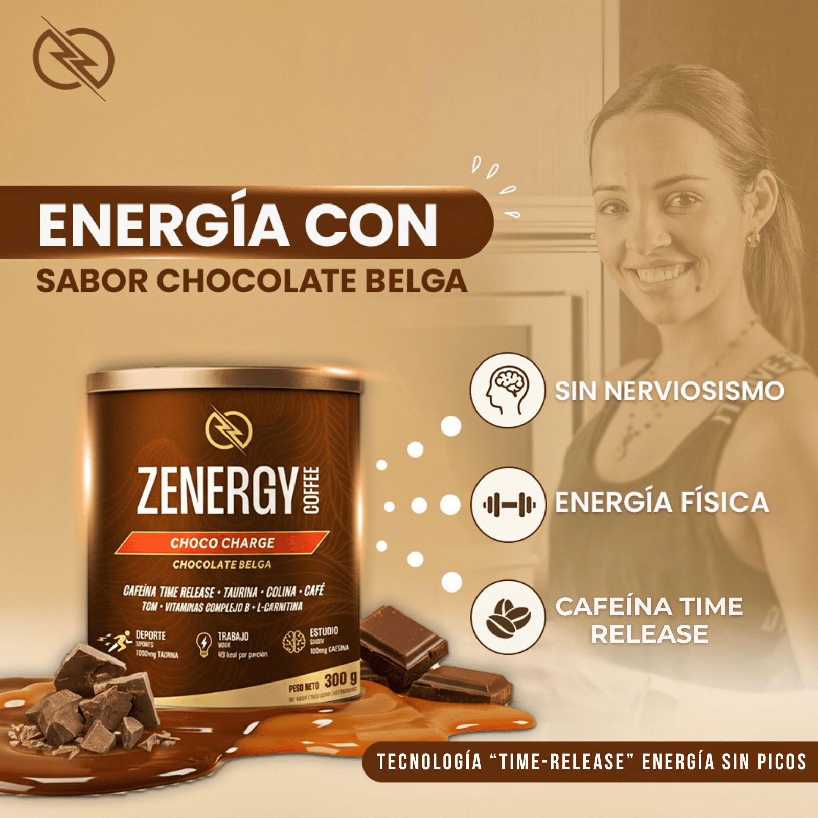Creatividad de Zenergy Chocolate Belga con beneficios de energía estable y cafeína time release